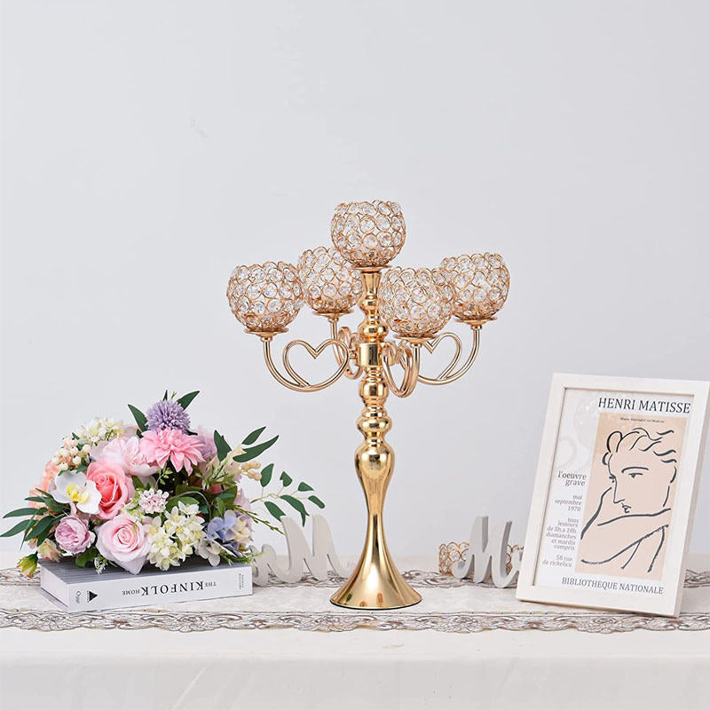5 Arms Crystal Candelabra for Wedding Table Decoration-Gold
