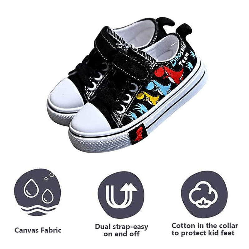 Toddler-Unisex Canvas Sneakers Cartoon Dinasour Slip on Shoes-Black
