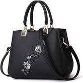 Embroidered Women Top Handle Satchel Fashion Shoulder Bags-Black