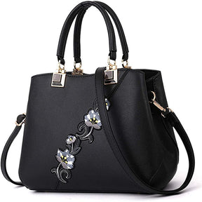 Embroidered Women Top Handle Satchel Fashion Shoulder Bags-Black