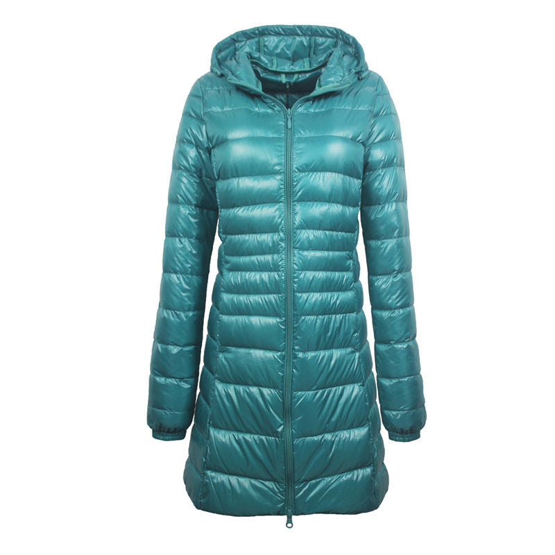Womens Lightweight Puffer Jacket Hooded Winter Mid Length Coat-PeacockGreen