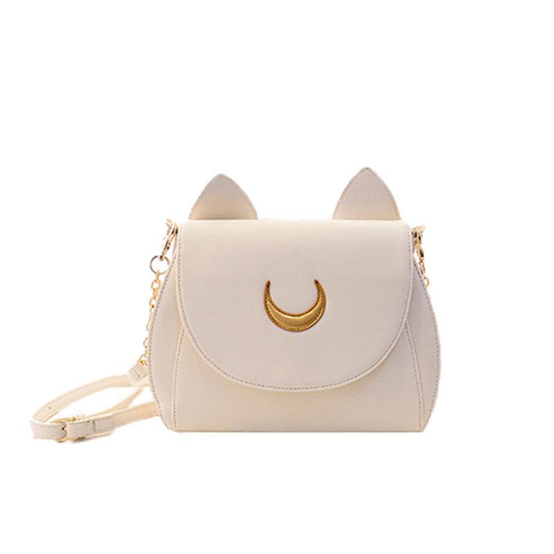 Moon Luna Cat Purses Pu Leather Shoulder Messenger Bag-White