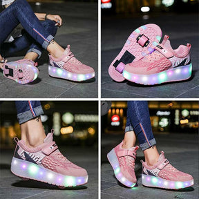 Kids Roller Shoes LED Light Rechargeable with Double Wheel-Pink