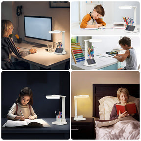 LED Desk Lamp with Pen Organizer,Study Lamp with Phone Holder 3 Color Modes, Stepless Dimming,Eye Caring Touch Control Table Lamp for Home Office