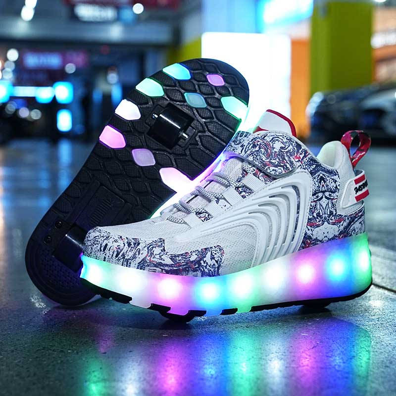 Kids LED Roller Skates Fashion Sneakers with Double Wheel-8088-White