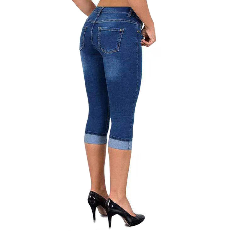 Womens Denim Capri Pants Skinny Slim Fit Casual Jeans-Blue