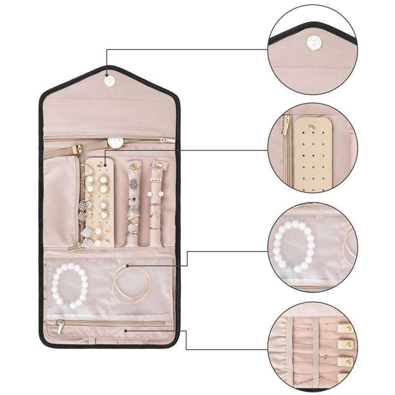 Travel Jewelry Organizer Roll Foldable Jewelry Case for Rings Necklaces - Black
