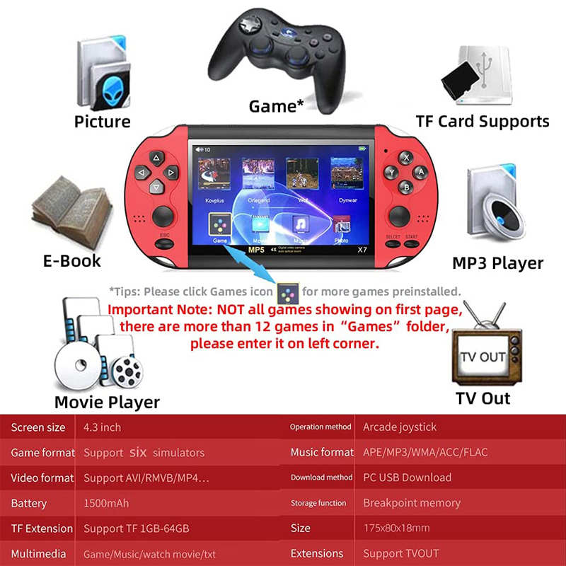 4.3 in Retro Handheld Game Console Built in Classic Games Support TV Output Music Video-Red