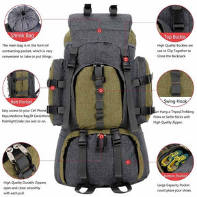 55L Backpack Internal Frame Hiking Water Resistant Travel Packs with Rain Cover-Green