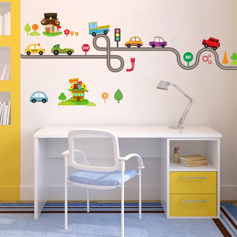 Removable Cute Cartoon Kids Room Wall Decal City Car Circled Curved Road Wall Stickers-083