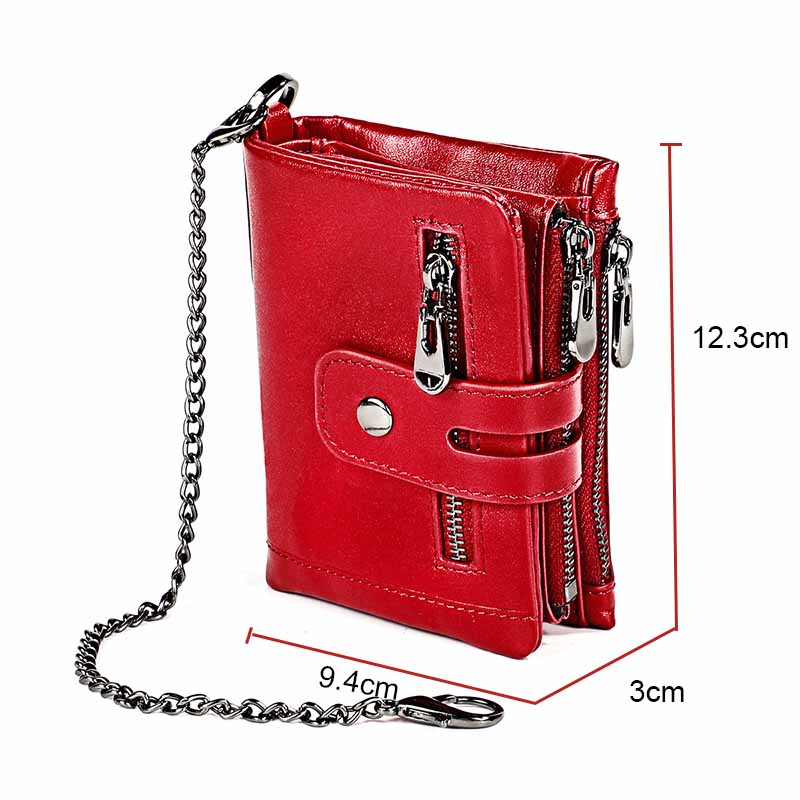 Vintage Womens RFID Blocking Leather Wallet Small Chain-Red