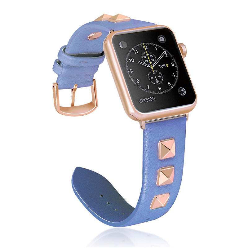 Stylish RoseGold Rivets Leather Replacement Band for iWatch Series 6/5/4/3/2/1/SE-DarkBlue
