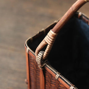 Retro Womens Bamboo Handbag Handmade Large Tote Bag Wicker Storage Basket Bag-Five Bars