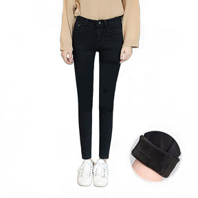 Womens Fleece Jeans with Pockets High Waist Stretch Pants-105-Black