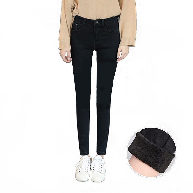 Womens Fleece Jeans with Pockets High Waist Stretch Pants-105-Black