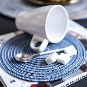 6 Pack Round Braided Placemats Washable Kitchen Table Mats for Home Wedding Party-Blue