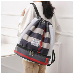 Womens Drawstring Bag Large Wet and Dry Separation Backpack-BlackGrid