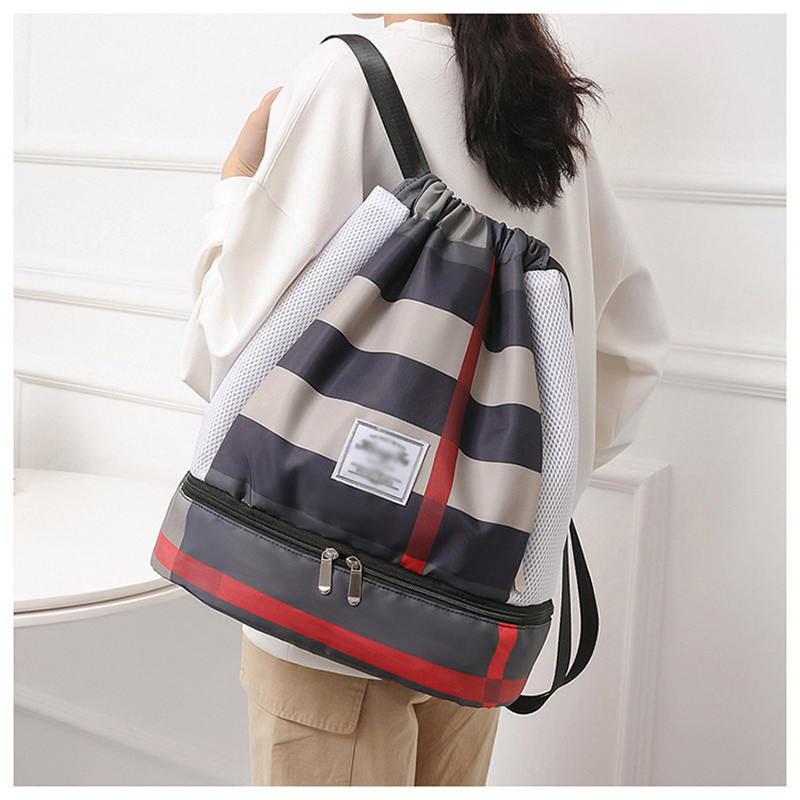 Womens Drawstring Bag Large Wet and Dry Separation Backpack-BlackGrid