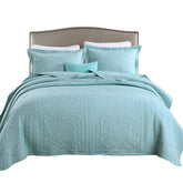 Queen Size Comforter Cover Embroidery Square Blue Quilt With 2 Pillow Cases