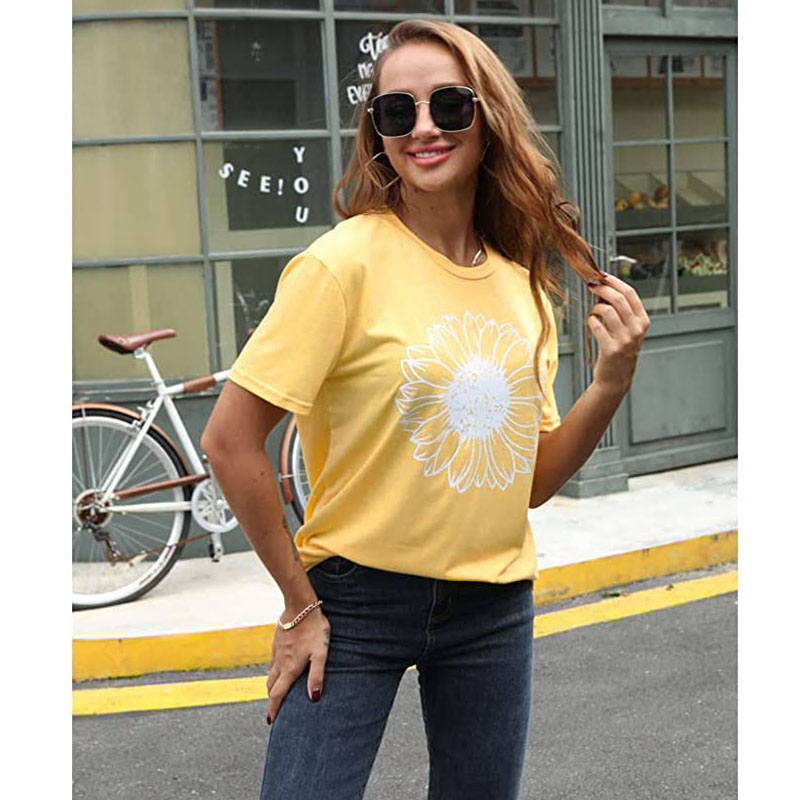 Womens Sunflower Summer Short Sleeve T-shirt Loose Casual Top-Yellow