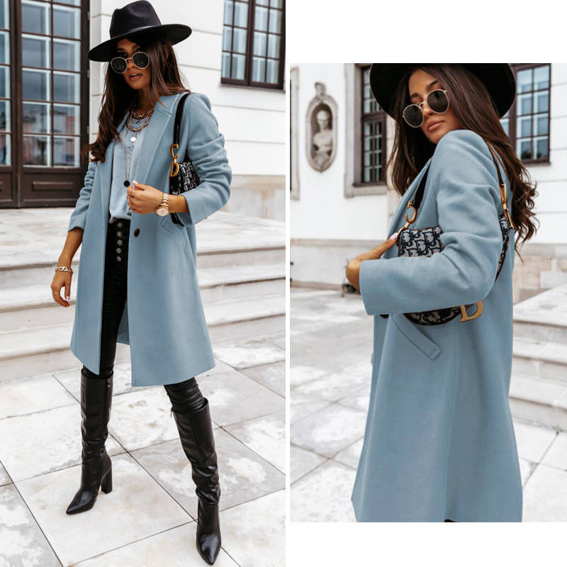 Elegant Womens Coat Lapel Solid Button Down Warm Long Outwear-SkyBlue