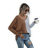 Womens Striped V-Neck Long Sleeve Tops-Khaki