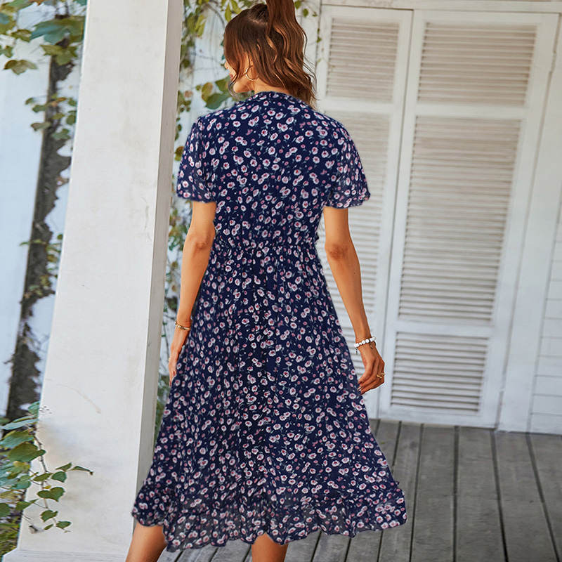 Womens V Neck Floral Dress Summer Beach Vacation Chiffon Dress-Dark Blue