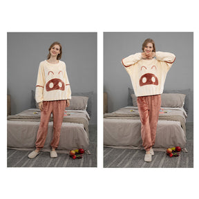 Cartoon Crewneck Pullover Pajamas Set-Beige