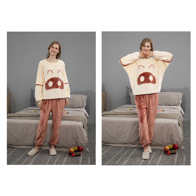 Cartoon Crewneck Pullover Pajamas Set-Beige
