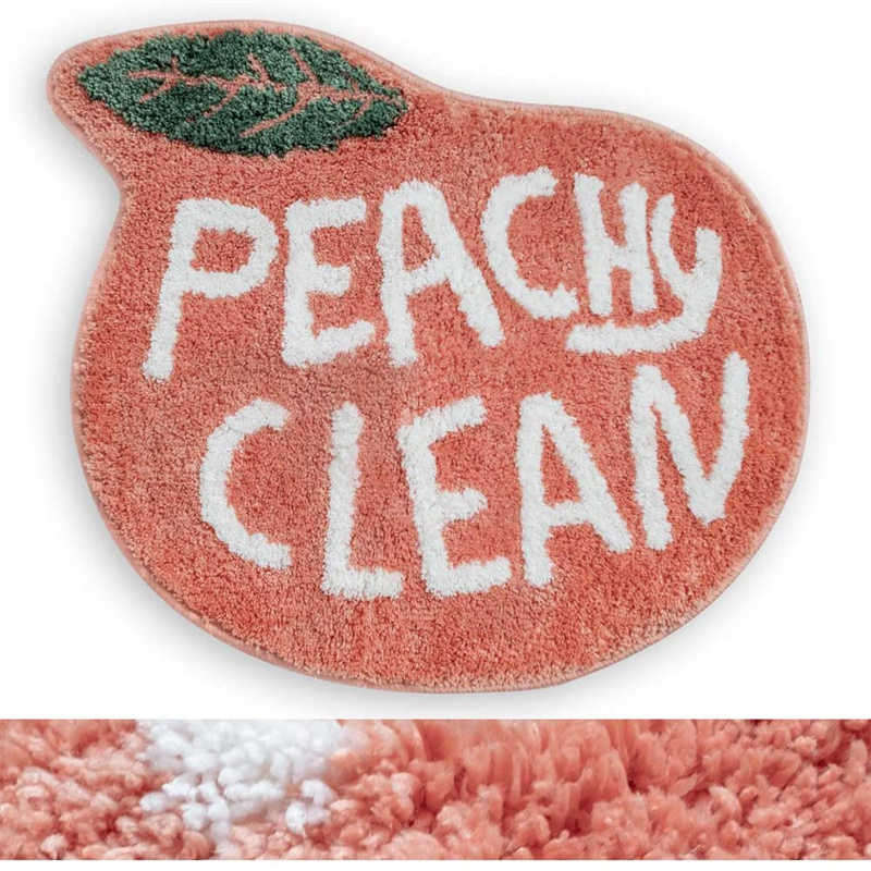 Bath Rug Coral Pink Peach Shape with White Words Cartoon Plush Water Absorbent Bathroom Decor Non Slip Washable Rug