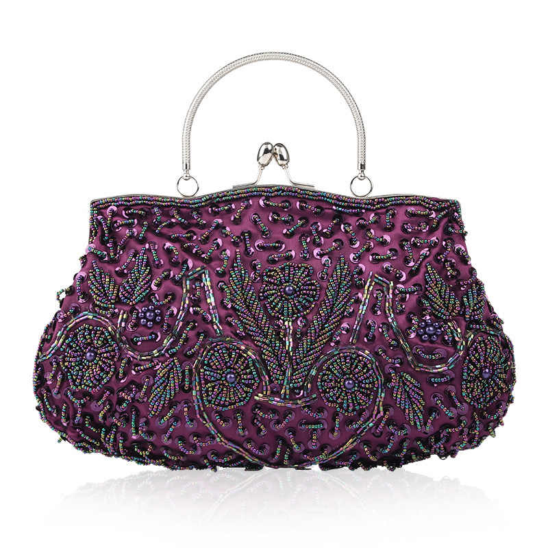 Beaded Sequin Design Flower Evening Purse Large Clutch Bag-Purple