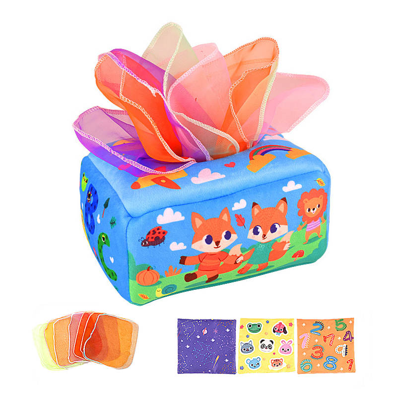 Baby Tissue Box Toy Crinkle Paper Sensory Silk Scarves Toys for 0-3 Year Old Kids-FoxB