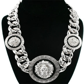 Silver Lion Heads Necklace Hip Hop Statement Chunky Chain