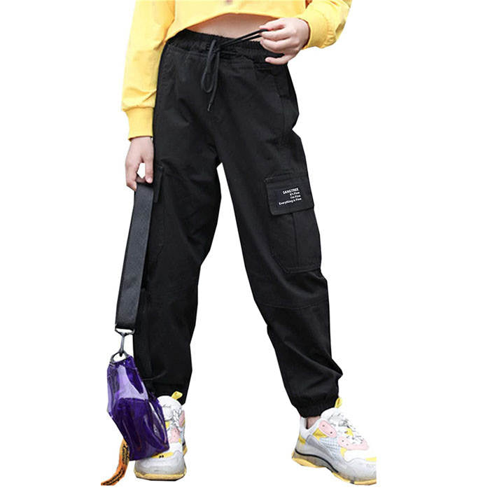 Girls Joggers Long Pants Pockets Outdoor Casual Trousers with Drawstring Multicolor-Black