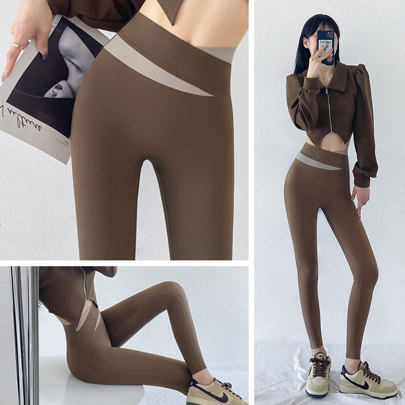 Womens Leggings Thin Fleece Tummy Control Yoga Pants for Winter-Coffee