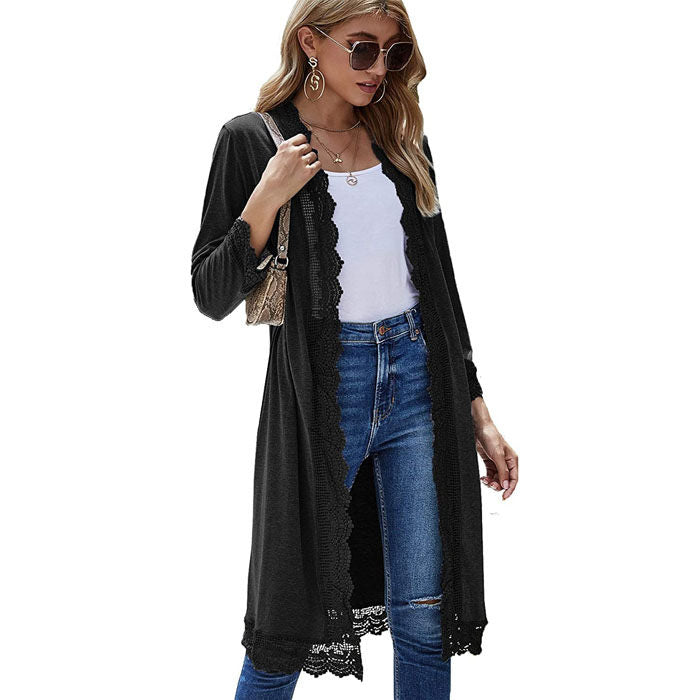Women's 3/4 Sleeve Lace Flower Trim Casual Long Cardigan Cover Up Loose Blouse Knitting Outerwear-Black