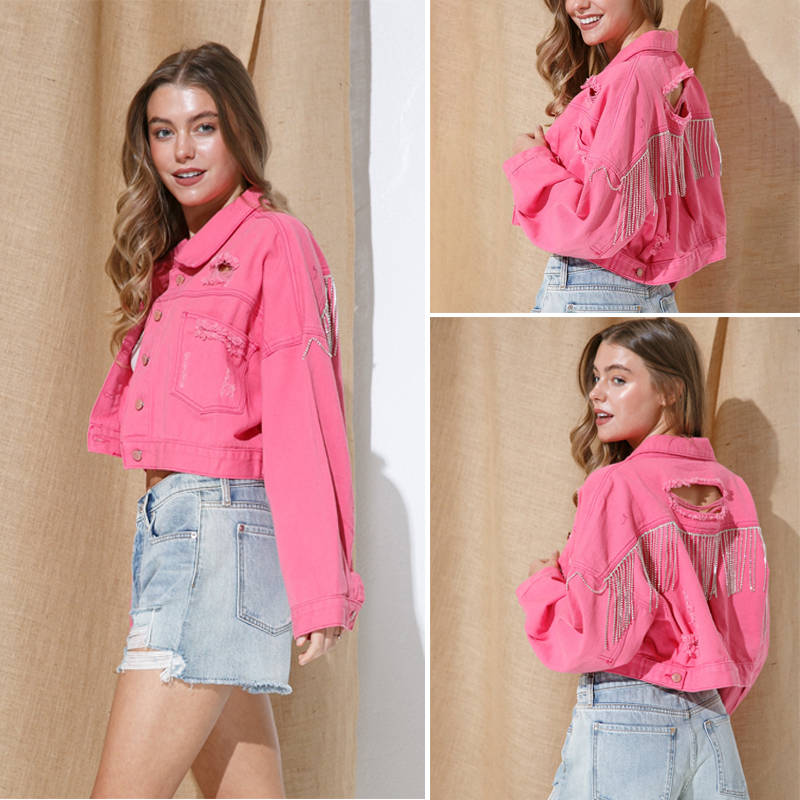 Womens Denim Jacket with Fringe Rhinestones Crop Casual Coat-RoseRed