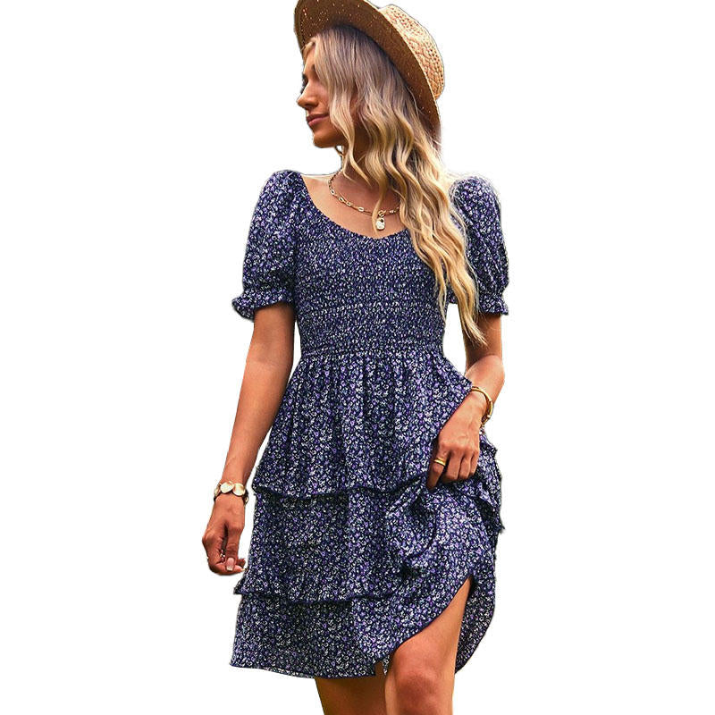 Womens Summer Dress High Waist Floral Smocked Tiered Dresses-Royal Blue