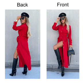 Womens Button Down Shirt Dresses Long Sleeve Causal Belted Slits-Red