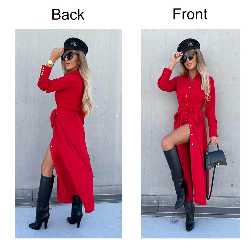 Womens Button Down Shirt Dresses Long Sleeve Causal Belted Slits-Red