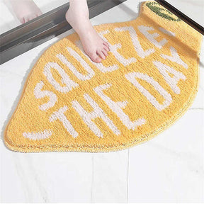 Bath Rug Lemon Shape with White Words Cartoon Plush Water Absorbent Bathroom Decor Non Slip Washable Rug