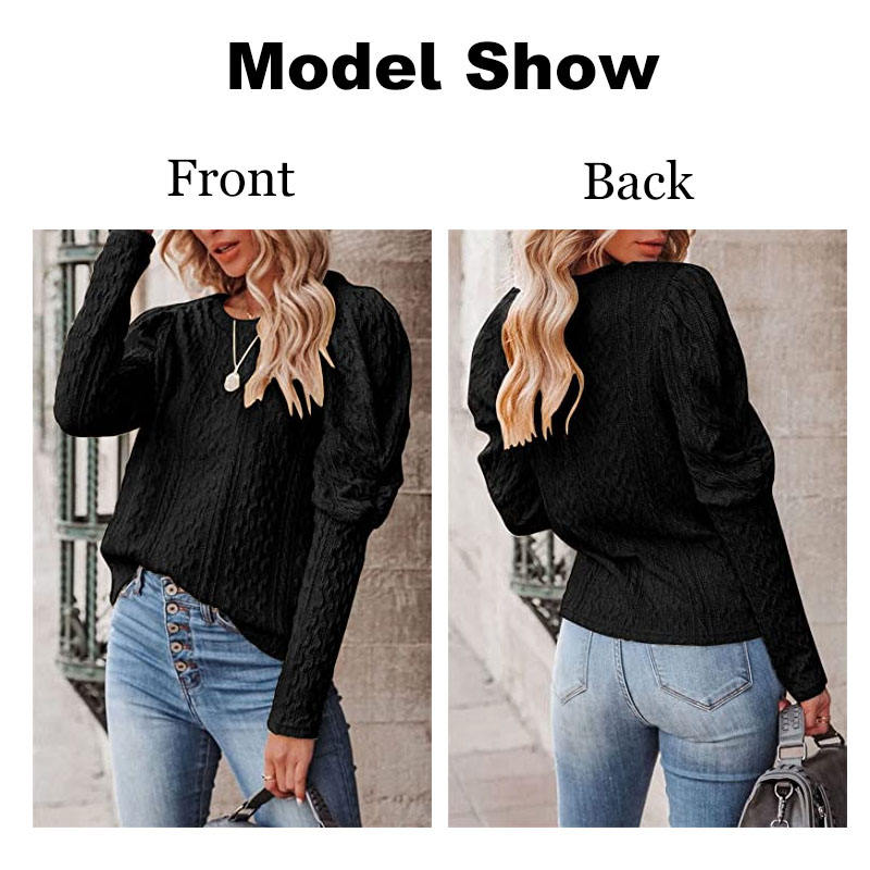 Womens Long Sleeve Sweaters Solid Color Jacquard Weave Round Neck Knit Tops-Black