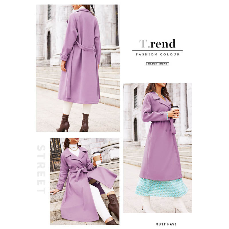 Lookbook Womens Elegant Woolen Coat Mid Length Trench Jacket with Belts-Purple