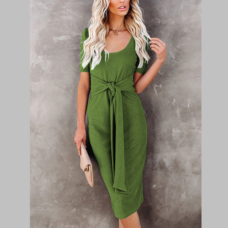 Womens Elastic Cocktail Party Elegant Dress Body Dress With Belt-Green