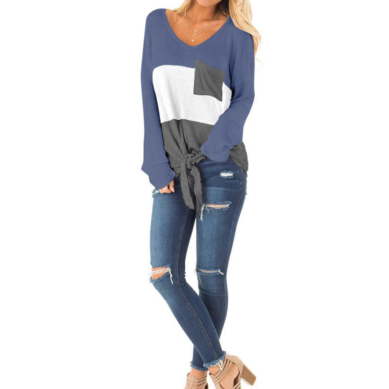 Womens Long Sleeve V-neck Autumn T-shirt Loose Top with Pockets-Blue