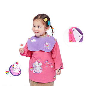 Cartoon Kids Corduroy Smock Detachable Bib for Drawing Cooking-Peach Pink Unicorn