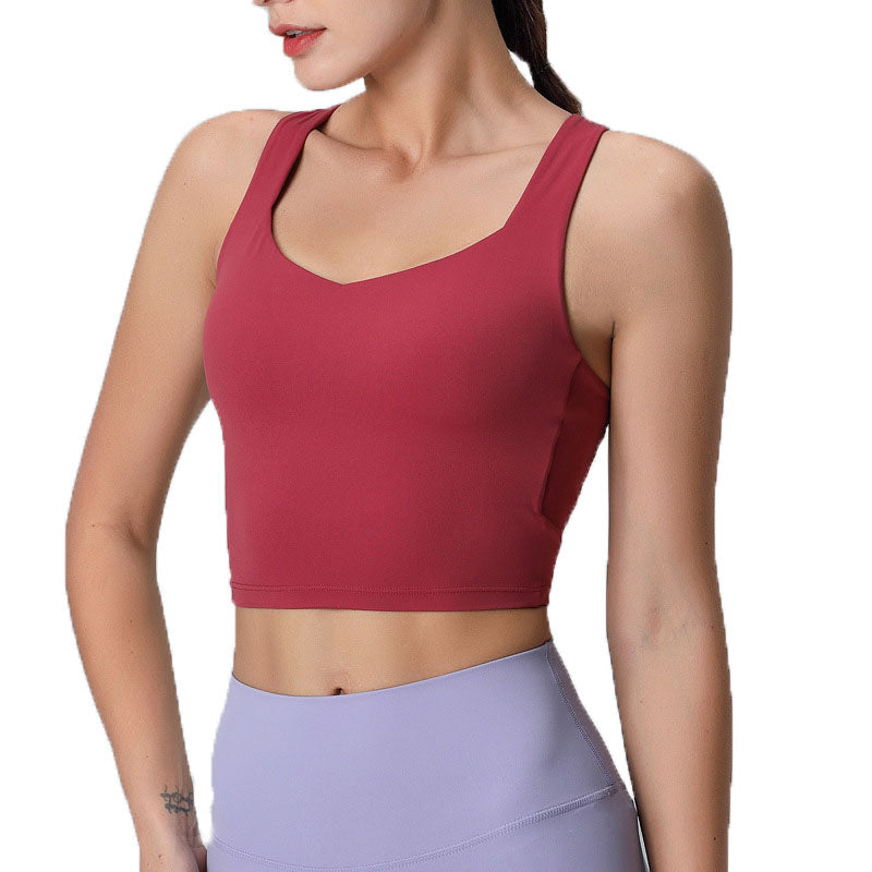 V Neck Longline Sports Bras Padded Wirefree Stretchy Yoga Camisole-Red