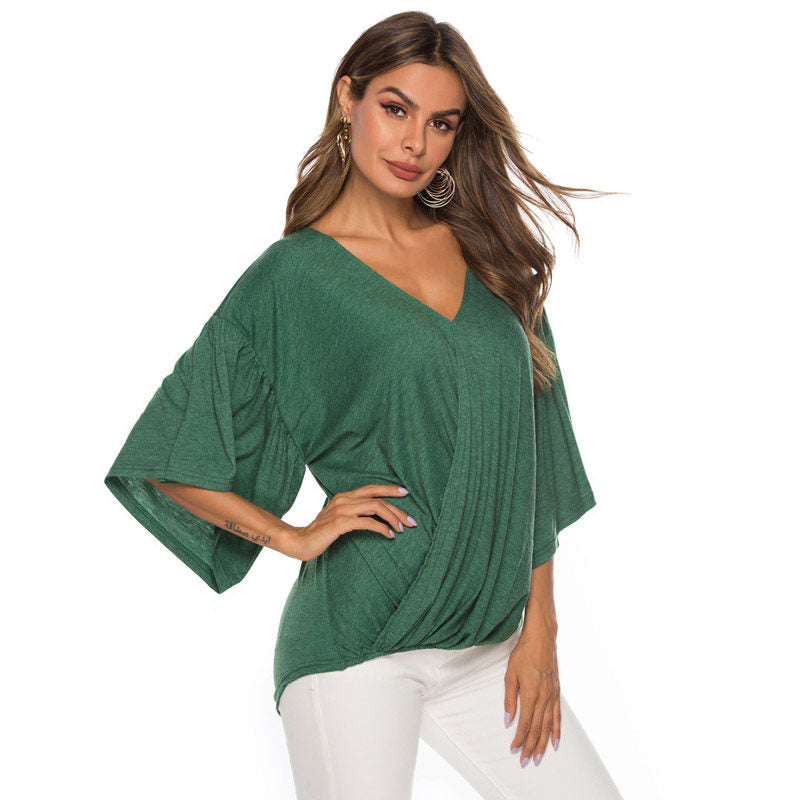 Womens Summer Ruffle Sleeve V-Neck T-Shirt Knot Tops-Green