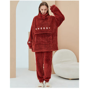 Thickening Coral Fleece Pajamas Set for Women-Red