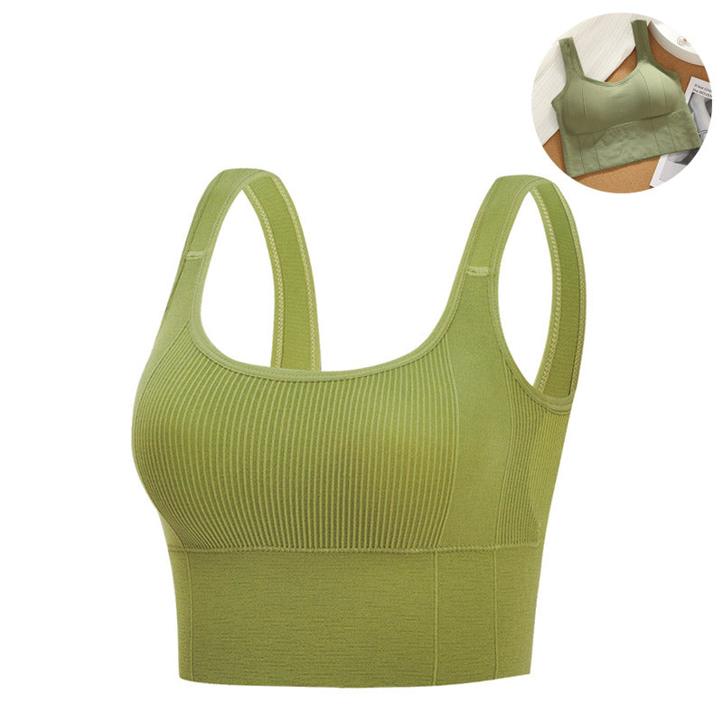 Crop Ribbed Tank Tops Solid Breathable Sports Bra Padded-Green